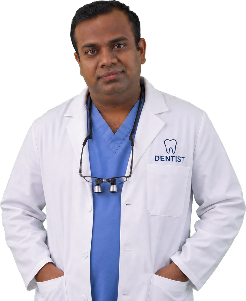 A dentist in a white coat and blue scrubs.