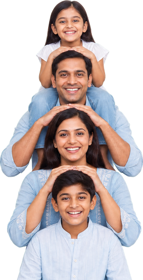 A family of four, stacked one above the other.