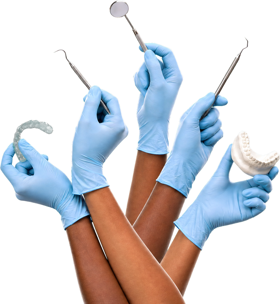 Five gloved hands holding a dental mirror, probe, scaler, clear aligner and a model of a lower jaw.