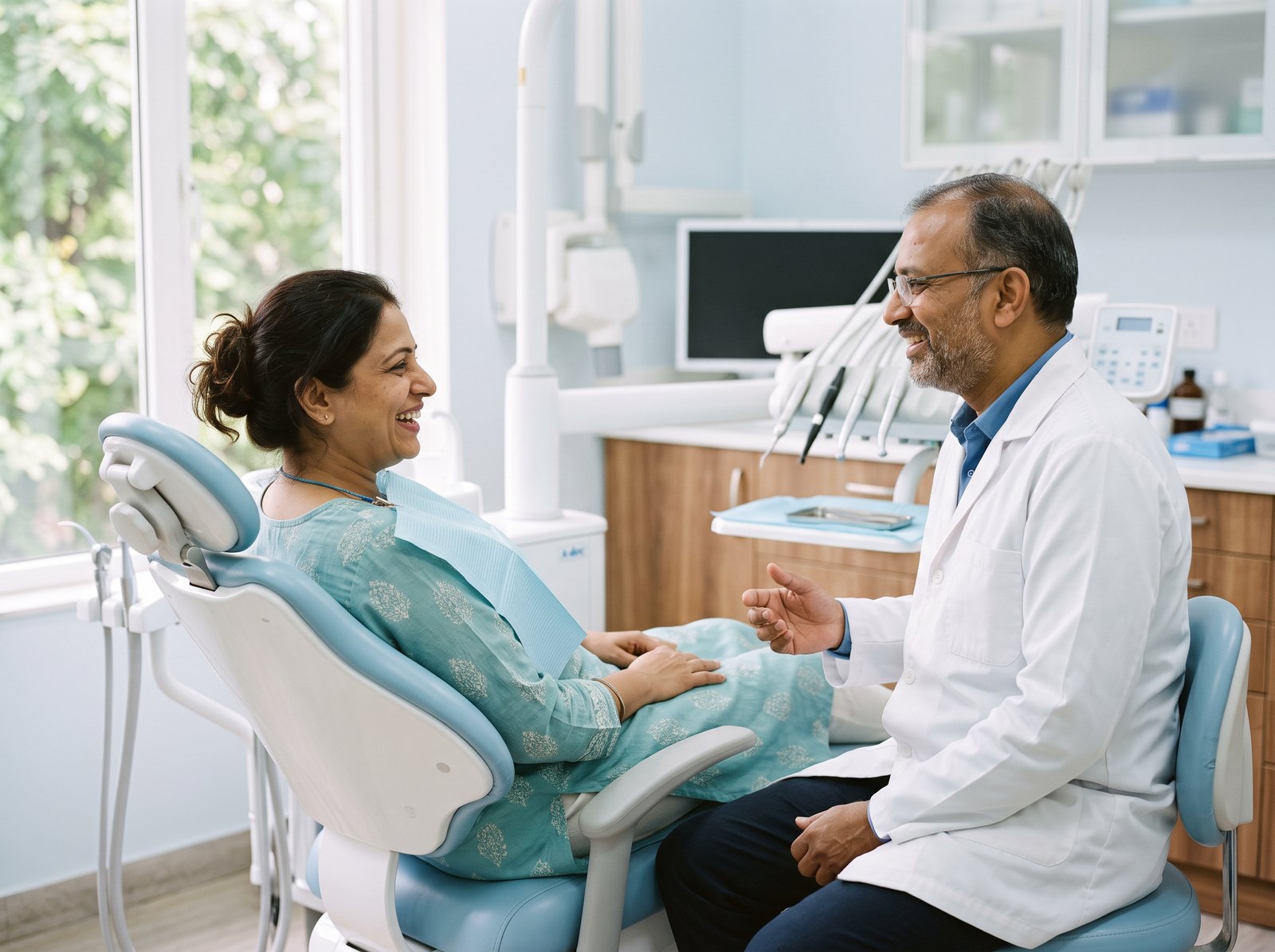 A patient relaxed in the chair at Bansal Dental Care.